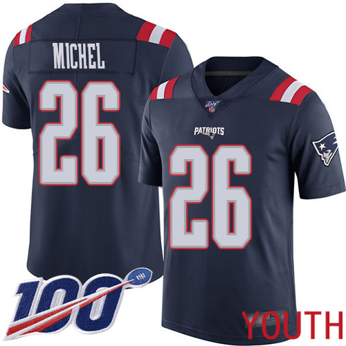 New England Patriots Football #26 100th Season Rush Vapor Limited Navy Blue Youth Sony Michel NFL Jersey